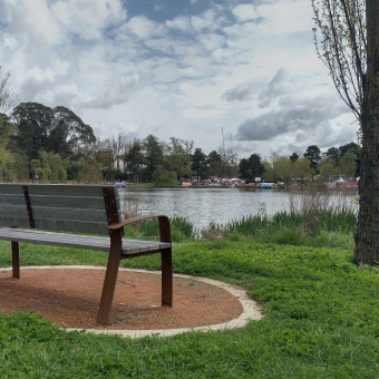An Outsider's Viewpoint, with a park bench in the foregorund to the left of centre which faces Floraide from across a body of water called Nerang Pool, with trees in the middle distance bordering the image, with Floriade appearing more as tiny colours and shapes across the water rather than detailed people, stalls, and flowers