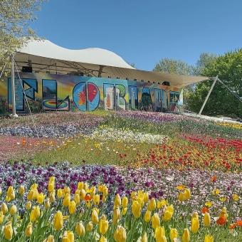 Floraide, Commonwealth Park, Canberra, with many different coloured flowers in the foreground in a chequered patterns which lead up a small slope to the word 'Floriade' painted in a fancy mural on the side of a single-story building
