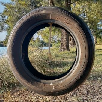 Swinging Tyre, Gungahlin Pond, Nicholls, with a car tyre centre frame framing the background behind it, with blue lake and clear blue sky on the left, and short green grass and tall green trees on the right