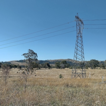 Lone Powerpole, Clarrie Hermes Drive, Nicholls/Hall, with a large powerpole to the right of ther image which stands against a clear blue sky and a rolling hill covered in green trees as well as yellowing grasses which come up past the powerpole to the foreground, with three seemingly thin power cables stretching left and right from the top of the powerpole to the edges of the image