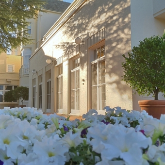 The Western Wing, with a planter box of white and purple flowers below, with a many-windowed wall behind, with spherical shribs standing at either end like soldiers, with everything on the building having a creamy-yellow colour