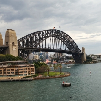 The Tall-Standing Bridge, Sydney Harbour Bridge from OPT, The Rocks, with Dawes Point and its green grasses and palm trees surrounded by water in the foreground, with the dark-grey bridge standing out against the white-grey sky