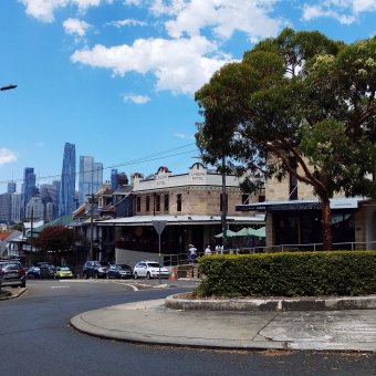 A Roundabout View, Darling Street, Balmain, with a tree in the middle of roundabout in the foreground and Sydney's skyline visible past old buildings