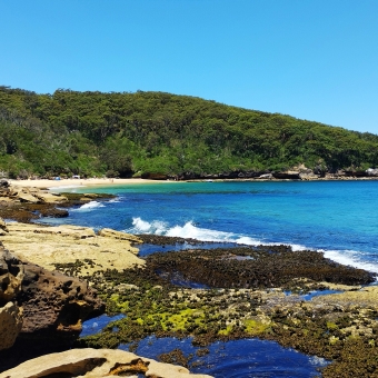 Idyllic Lifestyle, Congwong Beach, La Perouse, with moss-covered rock platforms in the foreground and ocean waves in the midground and a beach below a green rolling hill in the background below bluest sky