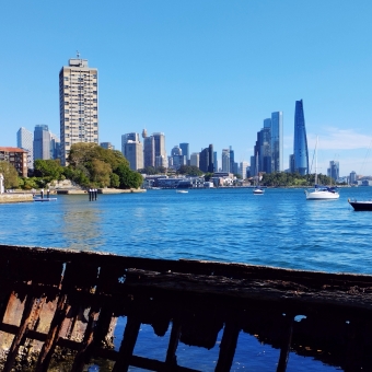 Hopper Barge Water Sanctuary, Sawmillers Reserve, McMahons Point, with the bare bones of a sunken hooper barge in the foreground, with Blues Point Tower and the Sydney city skyline over water in the distance