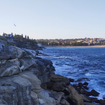 A Watchful Overview, Wedding Cake Lookout, Coogee, with rocky cliffs on the left which have two people and a seagull adorning them, with choppy water to the left and Coogee Beach in the distance