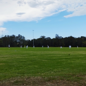The Swinging Cricketer, Beaman Park, Earlwood, with a cricket match over lush grass in centre frame which has a batter swinging his bat, with looming clouds building overhead
