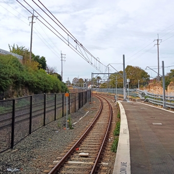 Old Meeting New, Dulwich Hill Metro Station, Dulwich Hill, with metro train tracks and overhead wires in the centre against a train station to the right and a black mesh fence to the left all going off into the distance