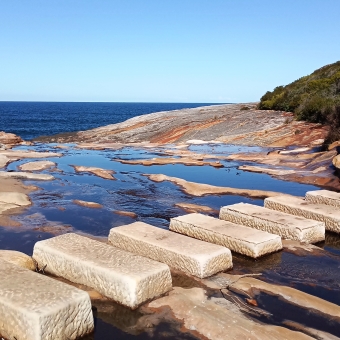 Piano Walk, The Waterrun, Royal National Park, with stepping stones across an ambling creek which trickles across a clifftop then disappears into the ocean in the distance